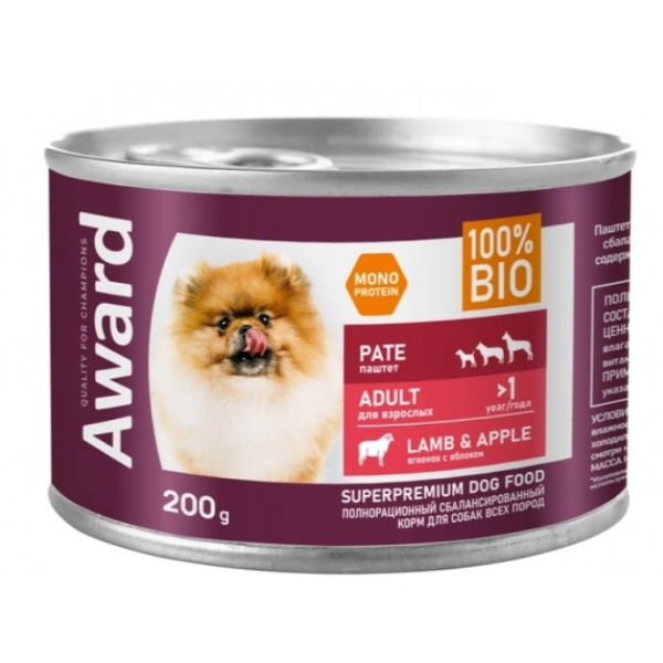 Award Dog Паштет для взрослых собак (Ягненок с яблоком), 200гр