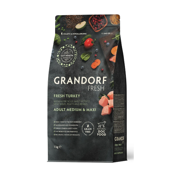 Grandorf Fresh Adult Medium & Maxi беззерновой гипоаллергенный корм для собак средних и крупных пород (свежая индейка с бататом), 1кг