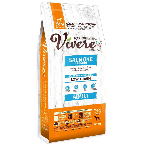 Vivere Корм сухой низкозерновой для взрослых собак крупных пород (лосось), 12кг