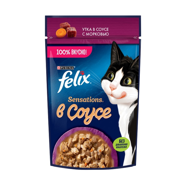 Felix Sensations Корм консервированный для кошек (утка, морковь в соусе), 75г
