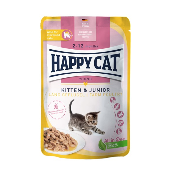 Happy Cat Kitten & Junior LandGeflügel Мясные кусочки в соусе из фермерской птицы для котят, 85 гр