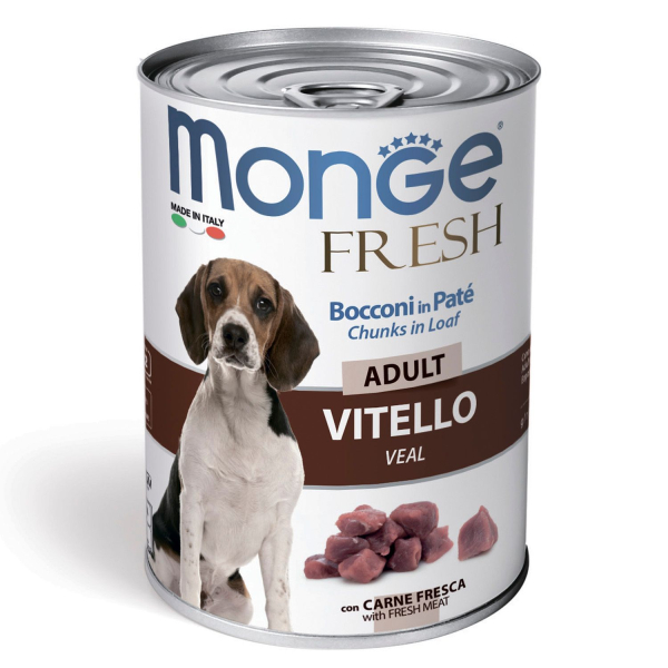 Влажный корм Monge Dog Fresh Chunks in Loaf для взрослых собак, мясной рулет из телятины, консерва 400 г
