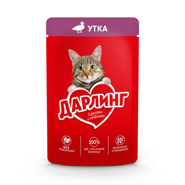 Дарлинг Корм консервированный для взрослых кошек (утка в подливе), 75г